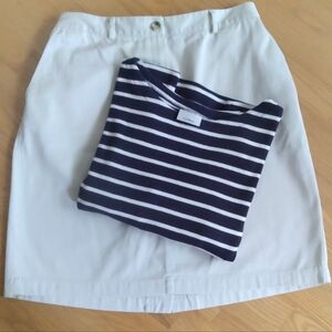 L.L. Bean Bundle Classic Khaki  Cotton Skirt and Nautical‎ Breton Stripe Top